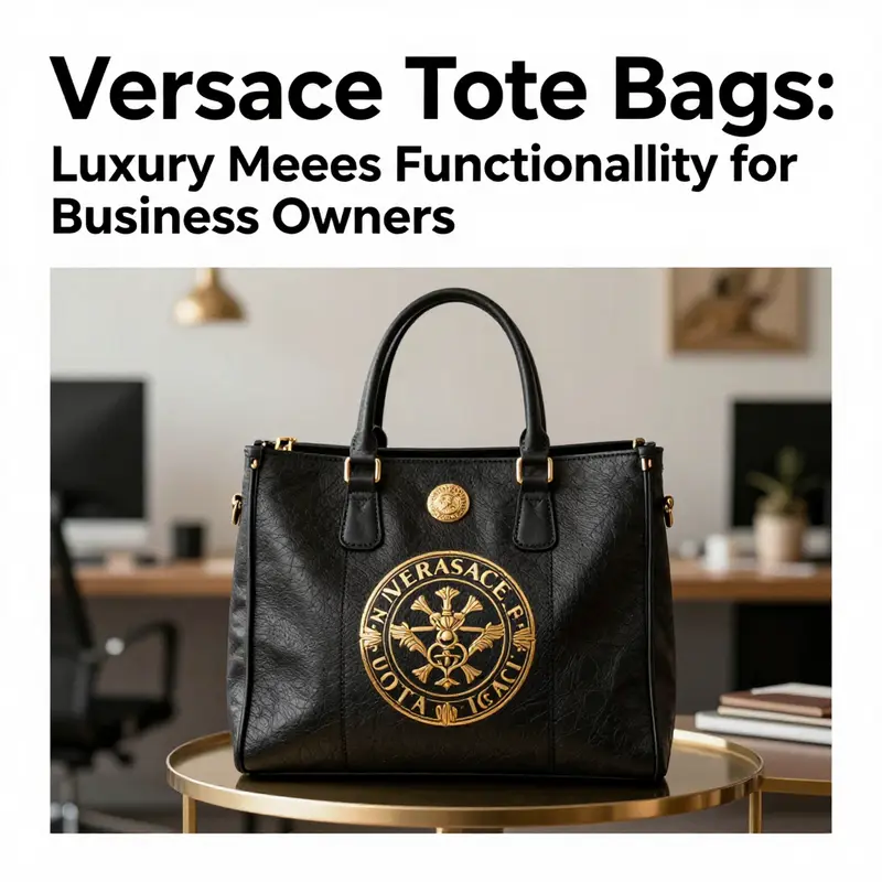 A Versace tote bag positioned in a chic office setting, signifying style and professionalism.