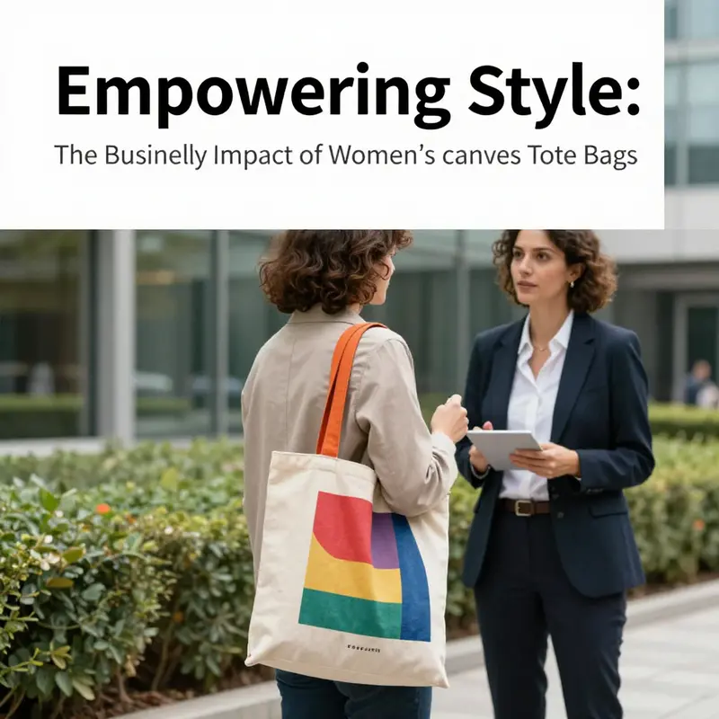 A professional woman showcasing a canvas tote bag’s stylish versatility in a business setting.