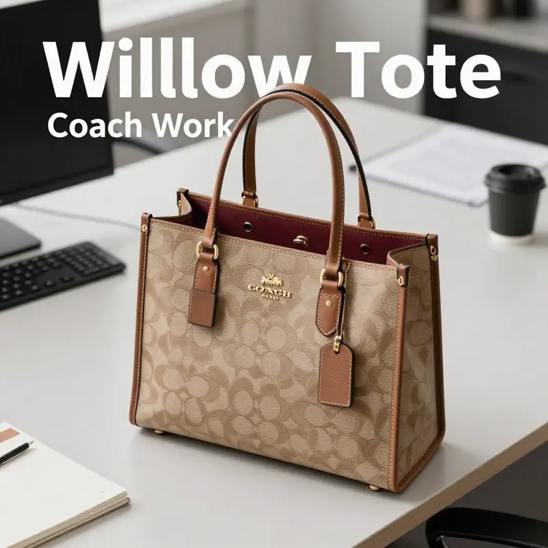 The Coach Willow Tote elegantly displayed on a modern desk, highlighting its suitability for the professional environment.