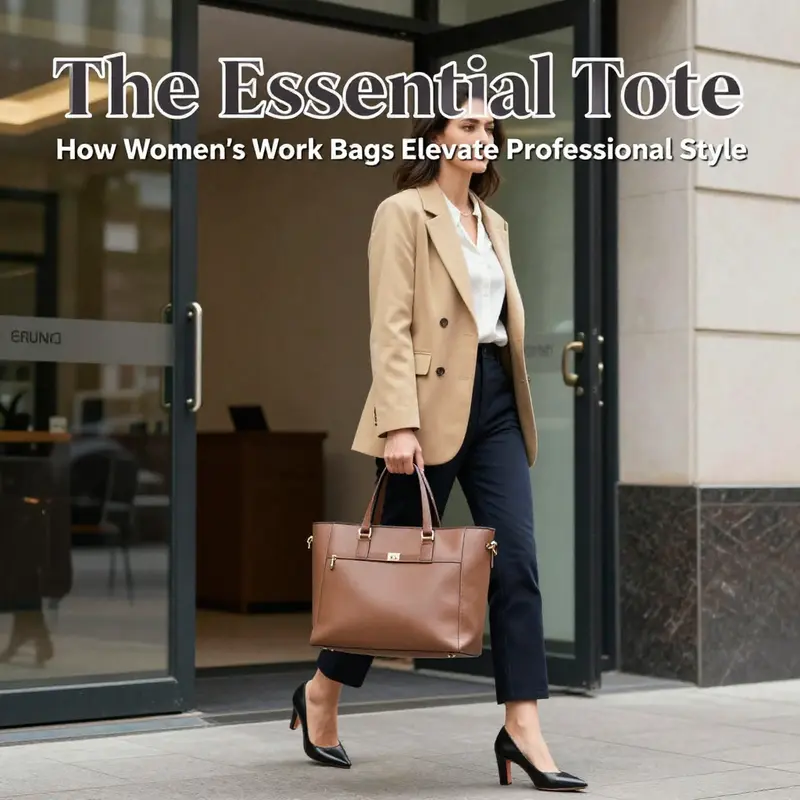 A stylish woman with a women work tote bag exiting an office, embodying professional elegance.