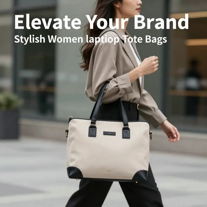 A fashionable woman with a laptop tote bag in a city environment, representing professional elegance and functionality.