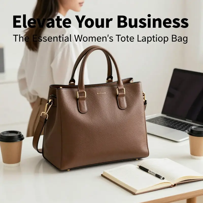 A stylish women's tote laptop bag elegantly placed on a desk with a laptop and coffee cup, showcasing its usability in professional settings.