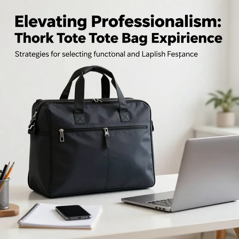 A stylish work tote bag on a desk alongside a laptop and office essentials, indicating a professional workspace.