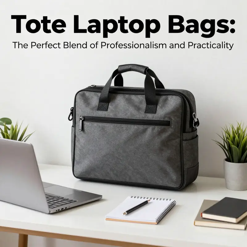 A workspace with a tote laptop bag, laptop, and office supplies, creating a professional and welcoming environment.