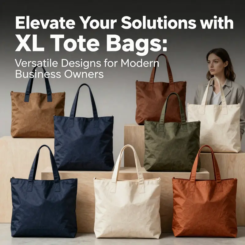 An array of XL tote bags displayed in various settings, showcasing their versatility for both genders.