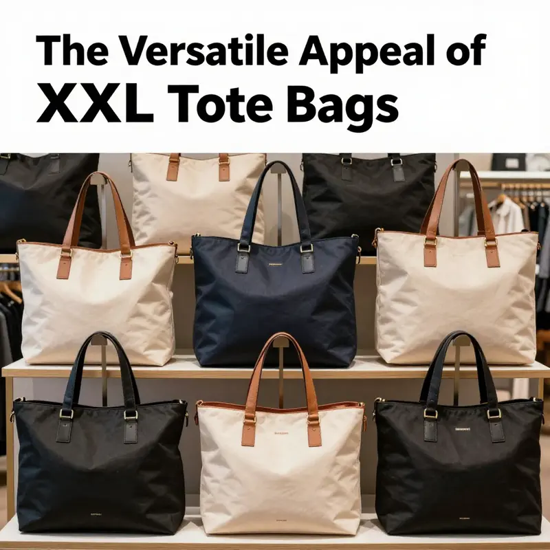 A collection of various XXL tote bags from different brands displayed together, highlighting their differences and styles.