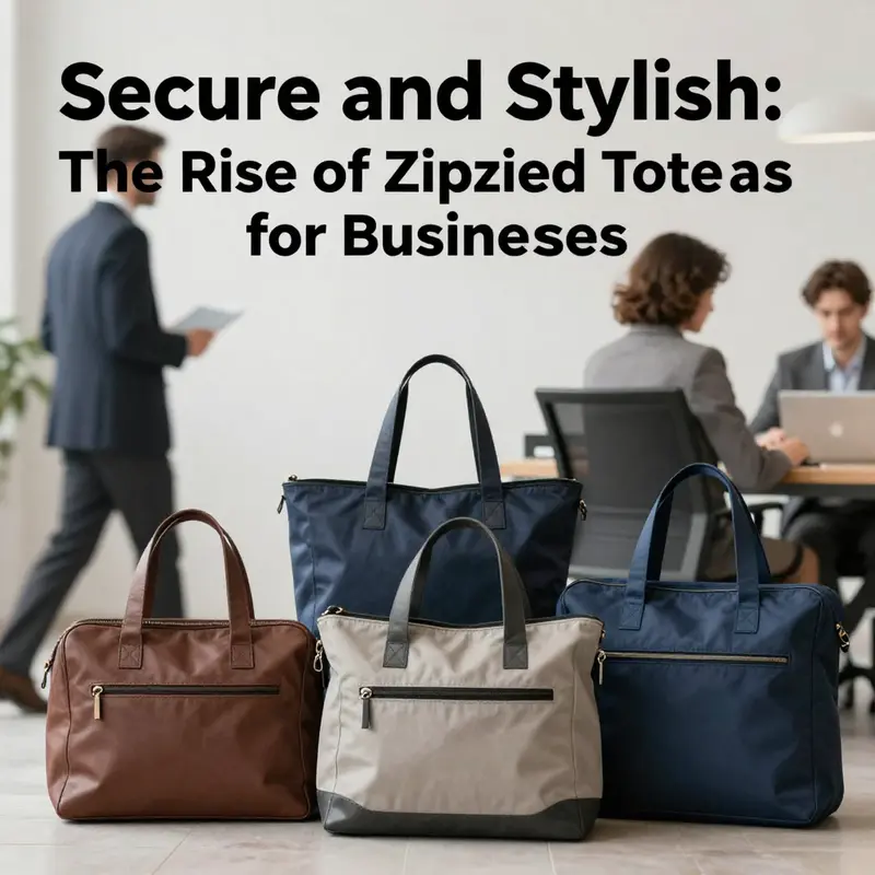 A collection of zippered tote bags displayed in various contexts, illustrating their use in commuting, shopping, and professional settings.