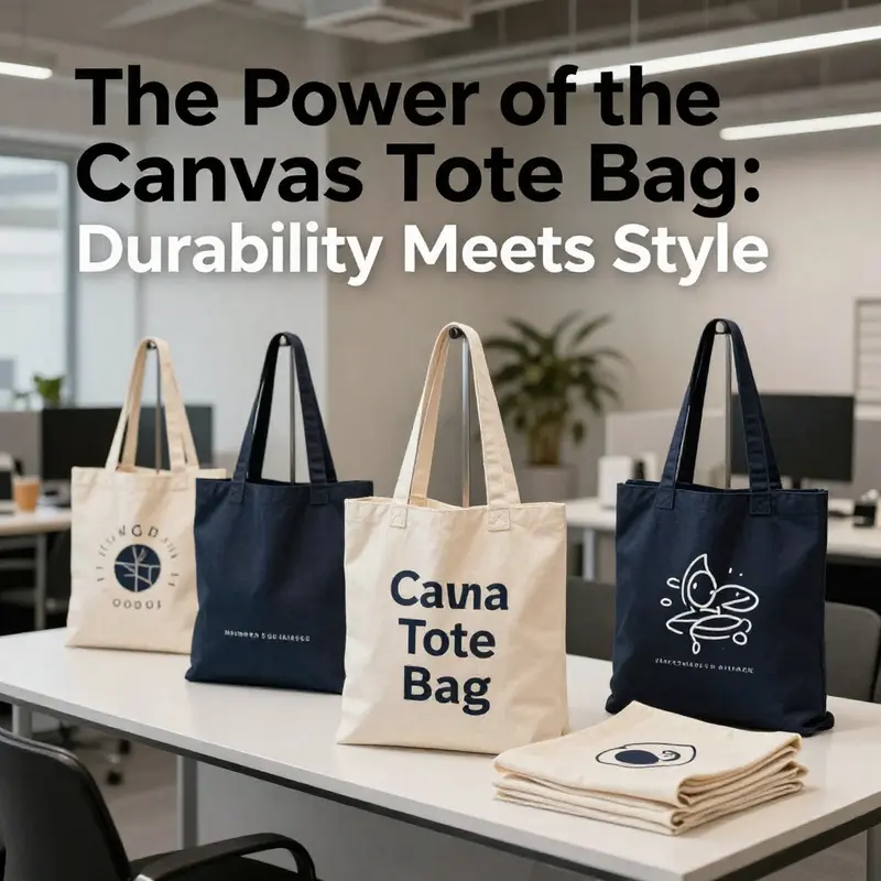 An assortment of stylish canvas tote bags in a modern workspace, showcasing their branding and functional use.