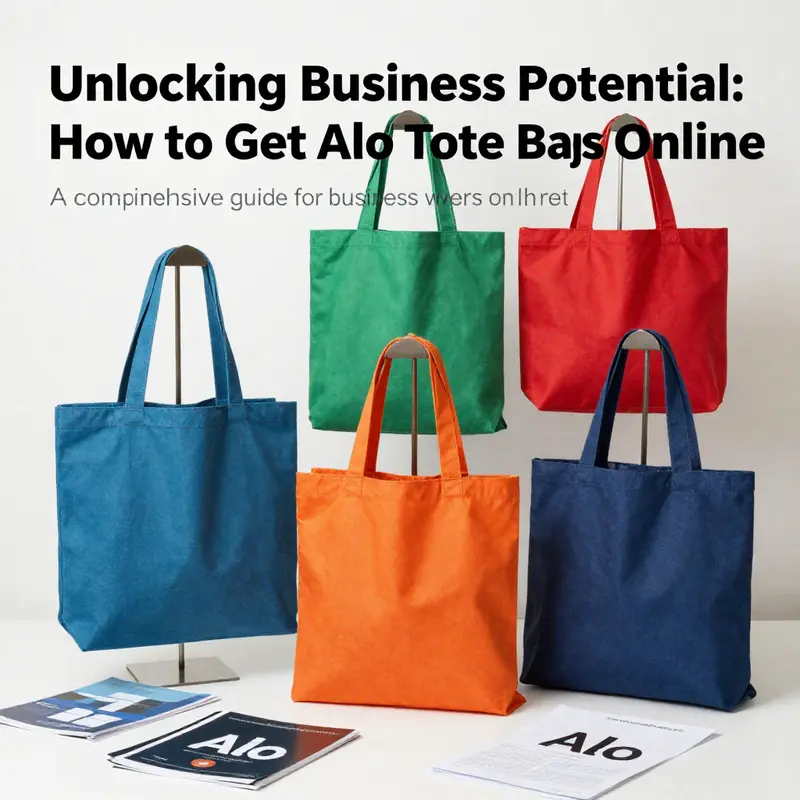 A diverse selection of Alo tote bags displayed creatively with related business items to symbolize branding effectiveness.