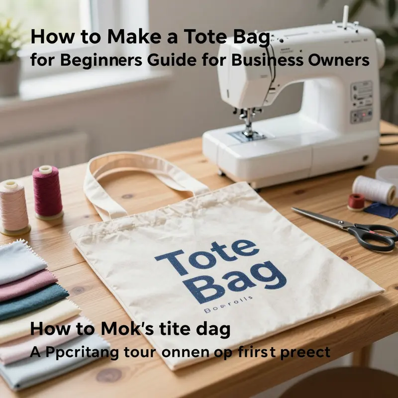 Photo-realistic image of a crafted tote bag on a wooden table with sewing materials in the background.