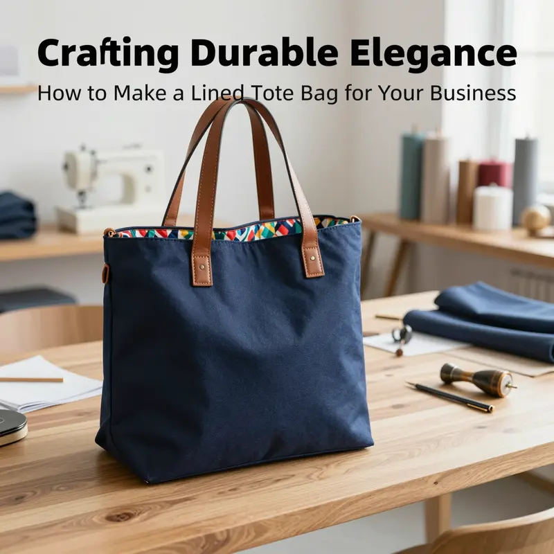 Photo-realistic image of a navy canvas lined tote bag with patterned lining and leather handles on a wooden table in a bright sewing studio.