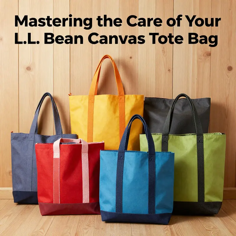 An array of L.L. Bean canvas tote bags in different colors displayed on a rustic wooden surface.