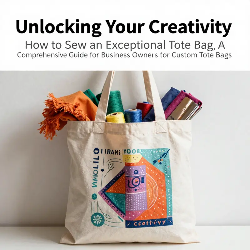 A creative workspace featuring a crafted tote bag surrounded by colorful fabrics and sewing supplies.