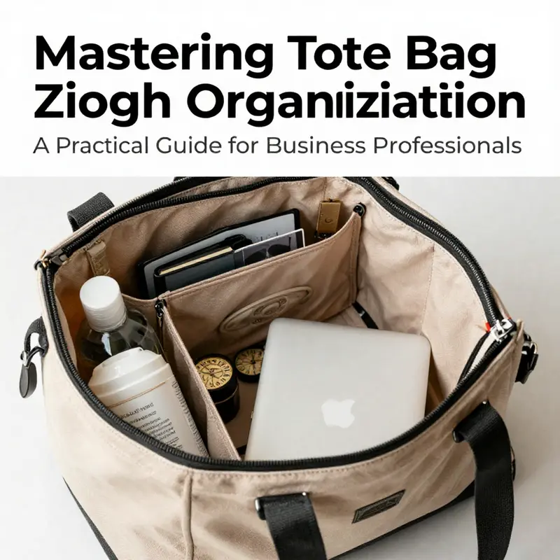 Defined zones within a tote bag enable organized storage by category.