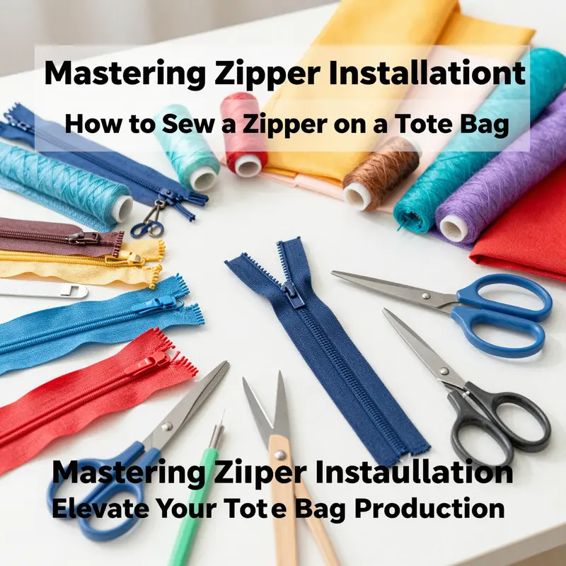 Essential materials laid out for sewing zippers on tote bags, showcasing the preparation phase.