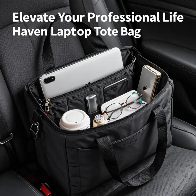 The interior layout of the Haven Laptop Tote Bag highlighting its well-structured compartments.