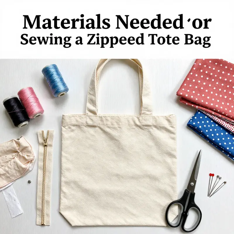 All essential materials displayed for creating a zippered tote bag, showcasing fabric types and tools.