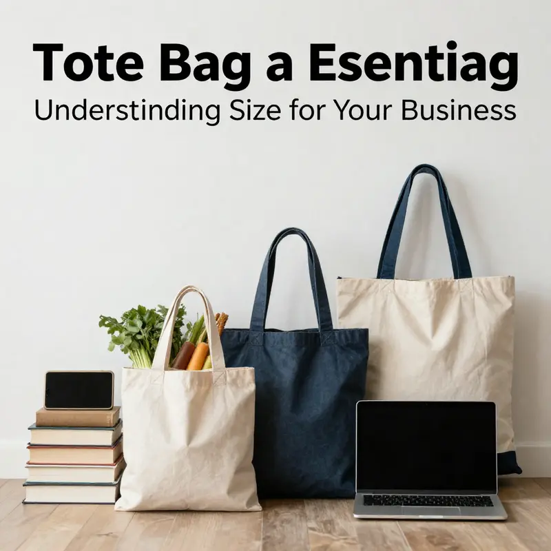 A visual representation of different tote bag sizes with everyday items for scale.