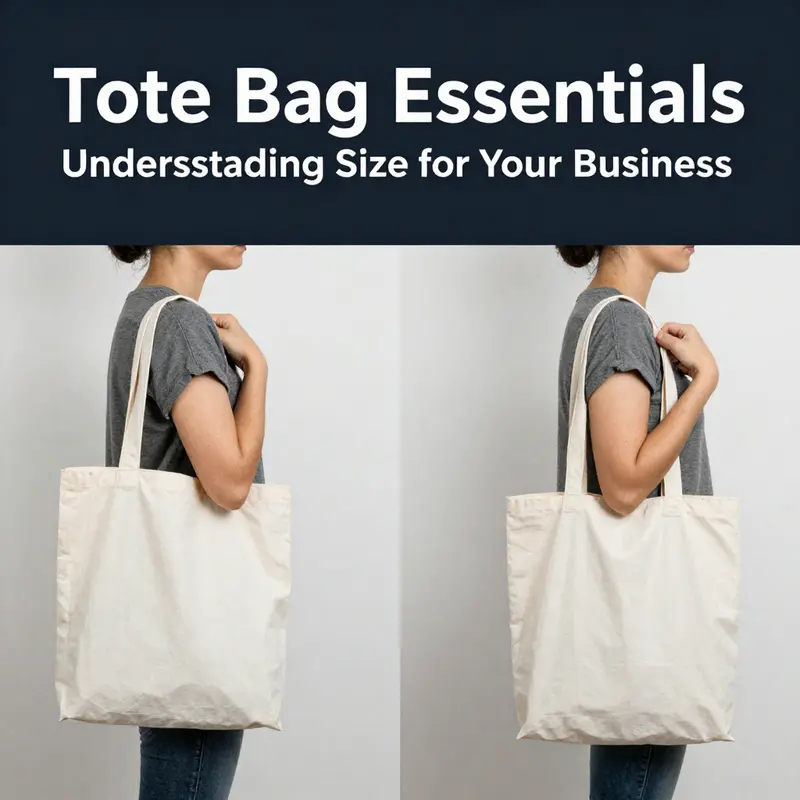 A visual representation of different tote bag sizes with everyday items for scale.