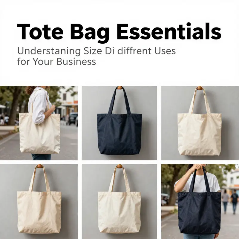 A visual representation of different tote bag sizes with everyday items for scale.