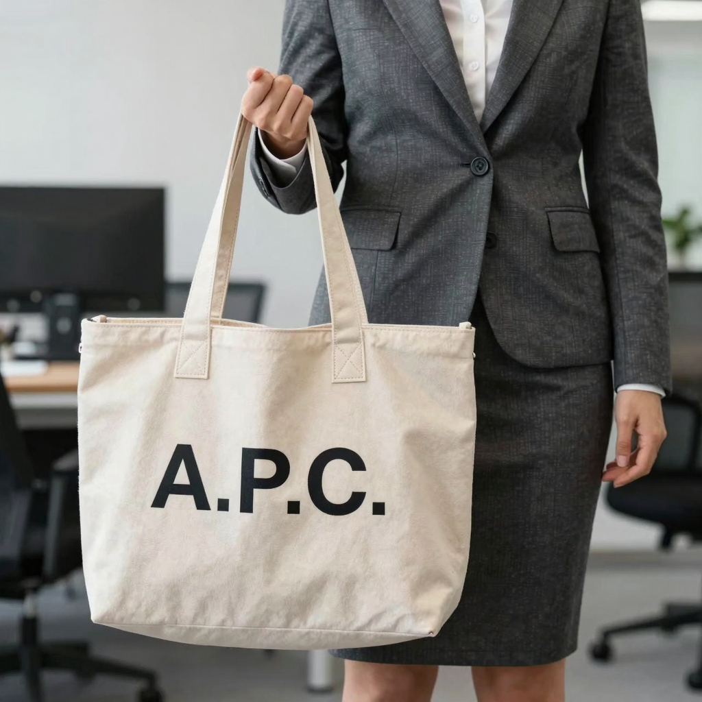 A stylish A.P.C. tote bag being incorporated into a business owner's wardrobe