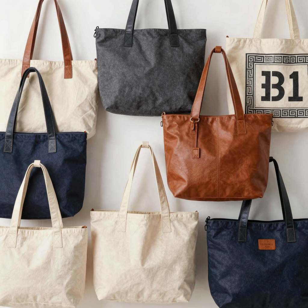 A variety of tote bags showcasing different styles and materials