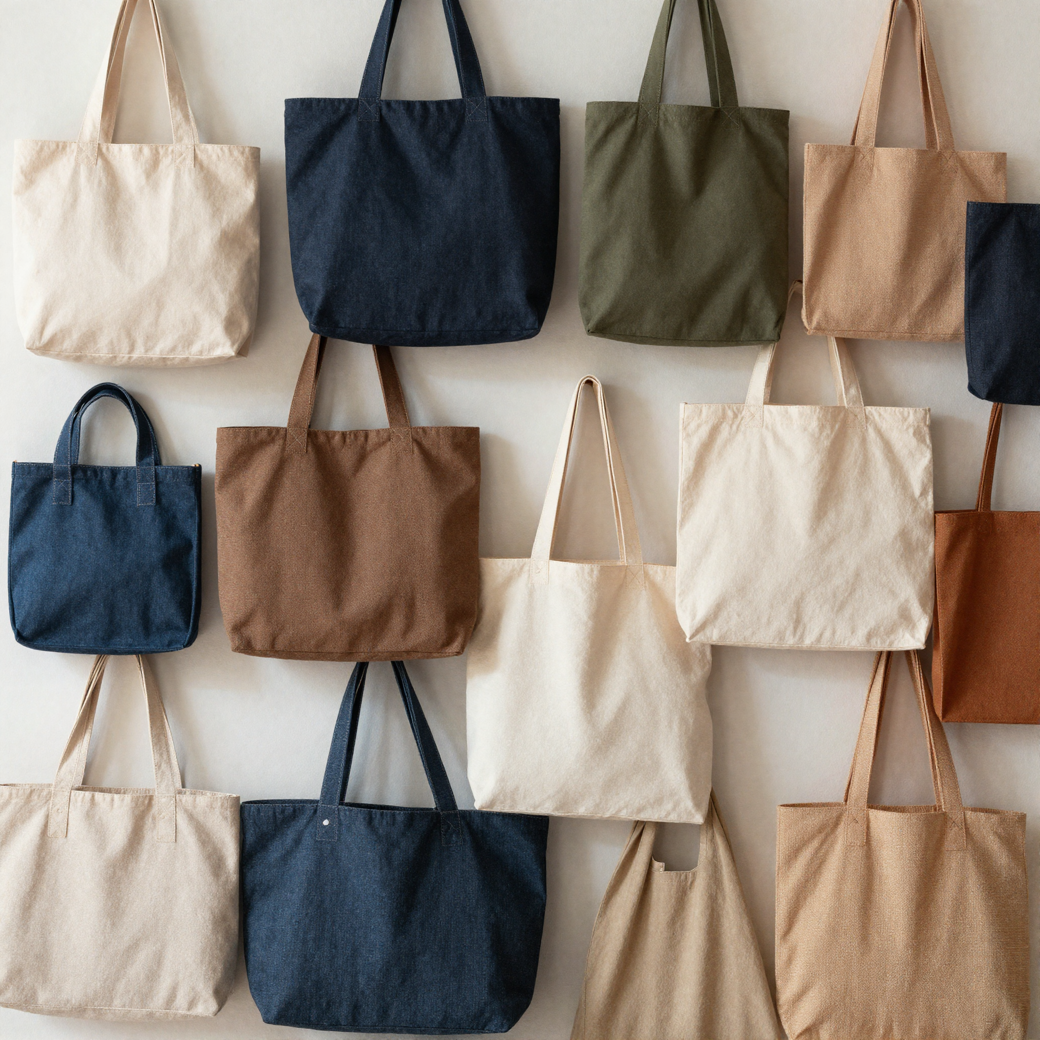 A collection of diverse tote bags in various designs and colors