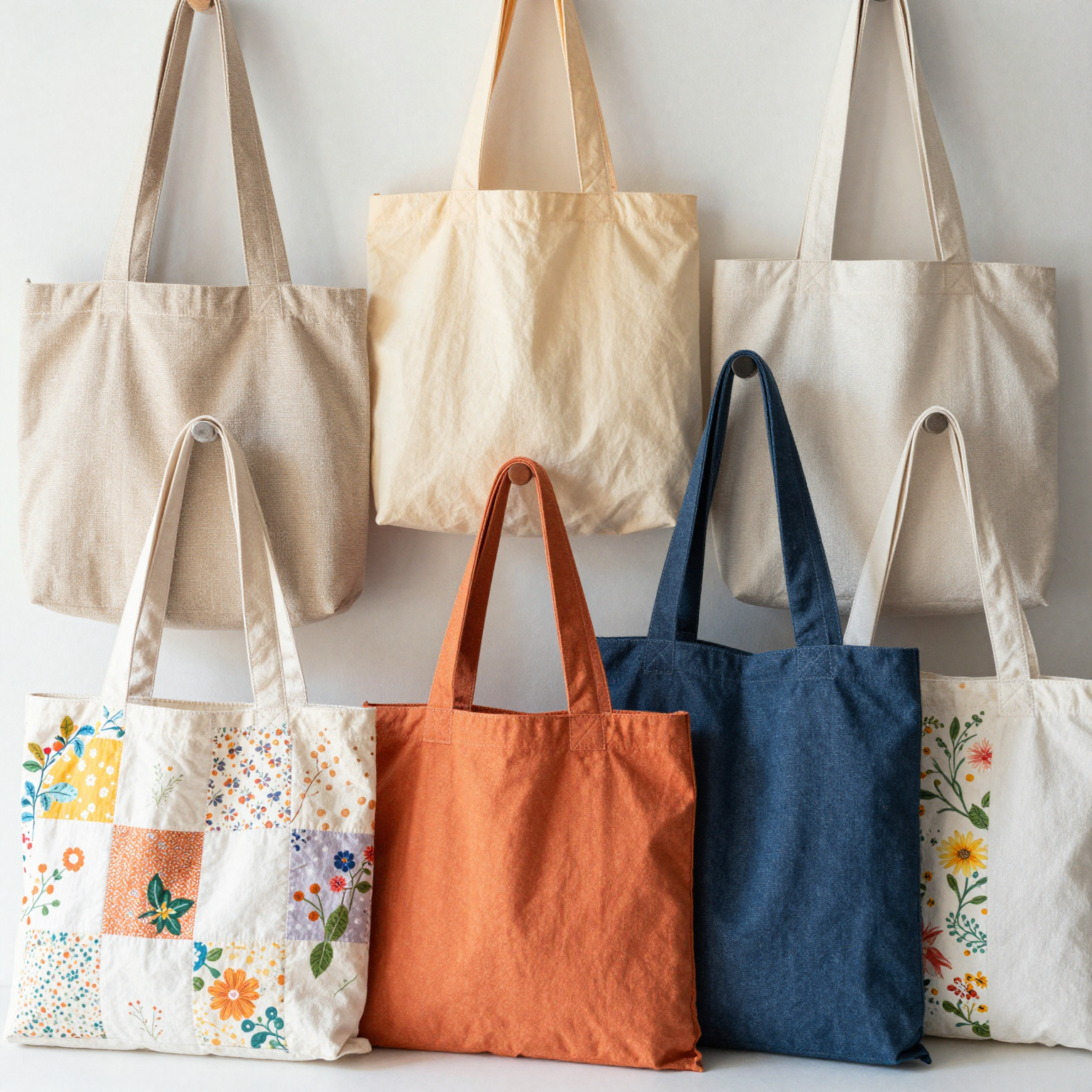 Various completed jelly roll tote bags showcasing different styles and colors