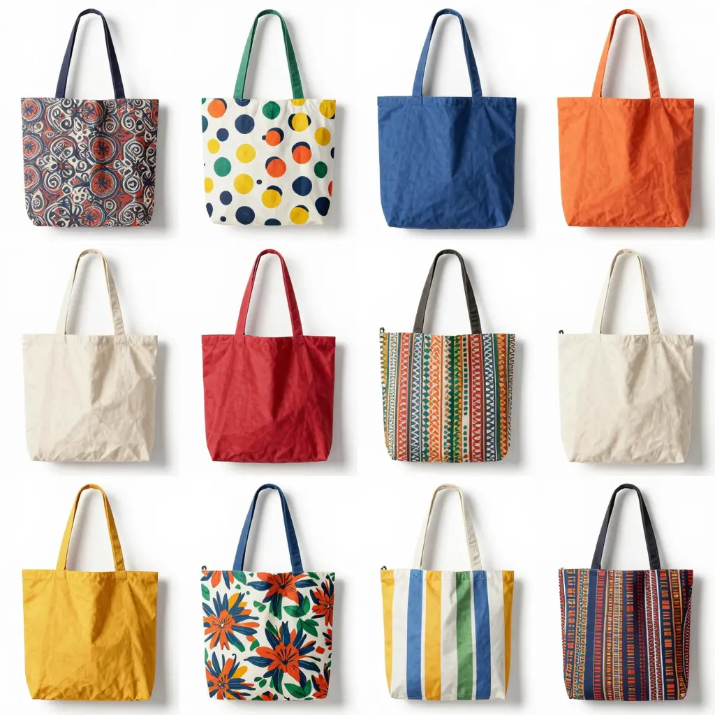 Various styles of reversible tote bags