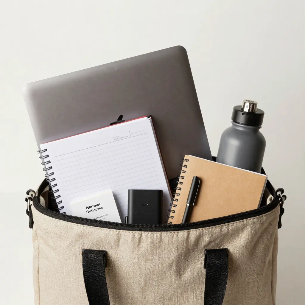 Well-packed tote bag showing essential items for business travel