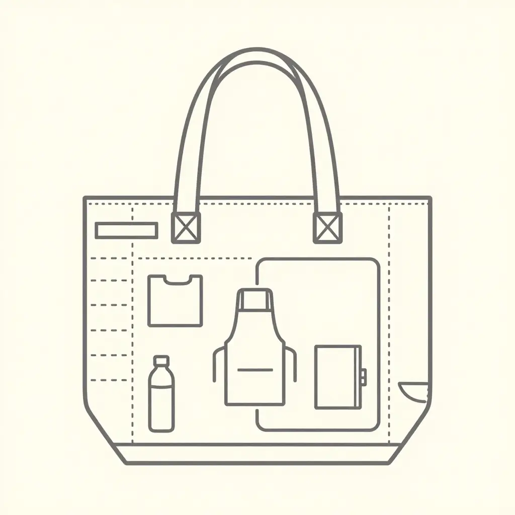 Flat two-dimensional cutaway schematic of a tote bag showing labeled compartments, including the main compartment, front pocket, interior slip pockets, laptop or tablet sleeve, and side pocket, arranged with abstract icons to explain shift-ready organization.