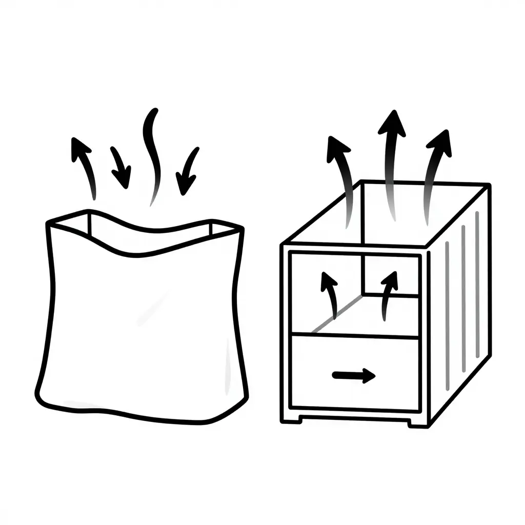 Minimalist 2D line-art diagram comparing a soft designer tote interior, where flexible walls slump inward and trap rising heat with no exit, against a rigid cash drawer with straight dividers that lets air flow in one side and out the other