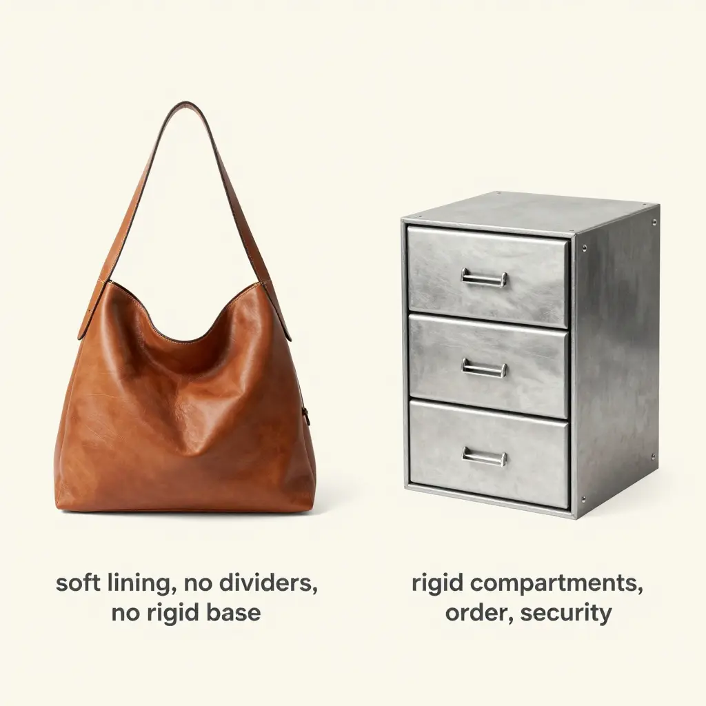 Side-by-side cross-section comparison of a soft designer leather tote bag and a rigid metal cash drawer with labeled compartments