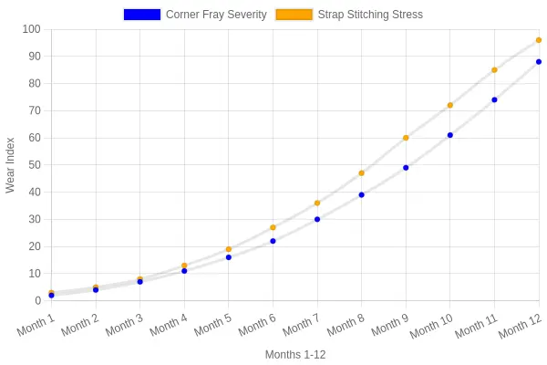 Line chart showing how tote bag wear progresses over 12 months, with corner fray severity and strap stitching stress both climbing non-linearly