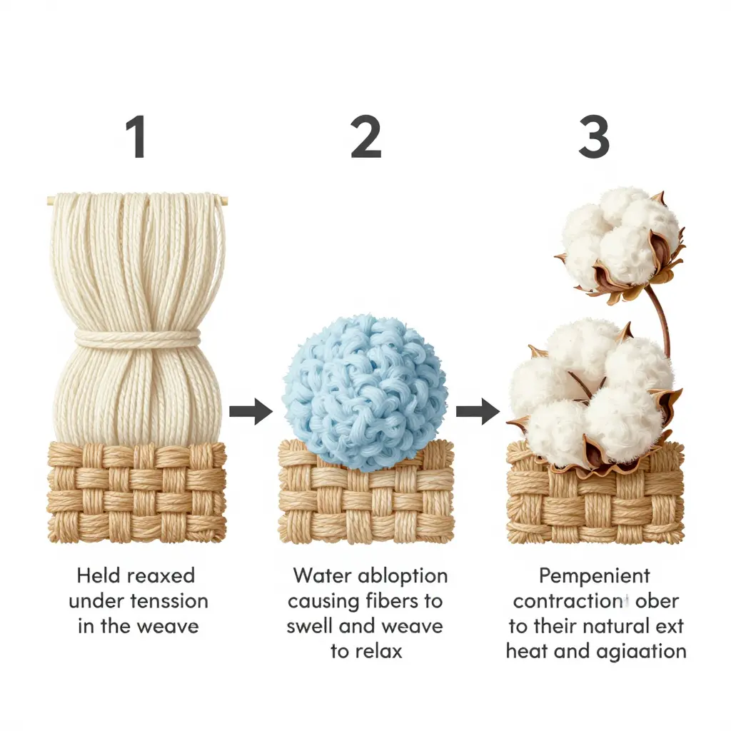 Diagram showing cotton fibers absorbing water, relaxing the weave, and contracting permanently at the fiber level