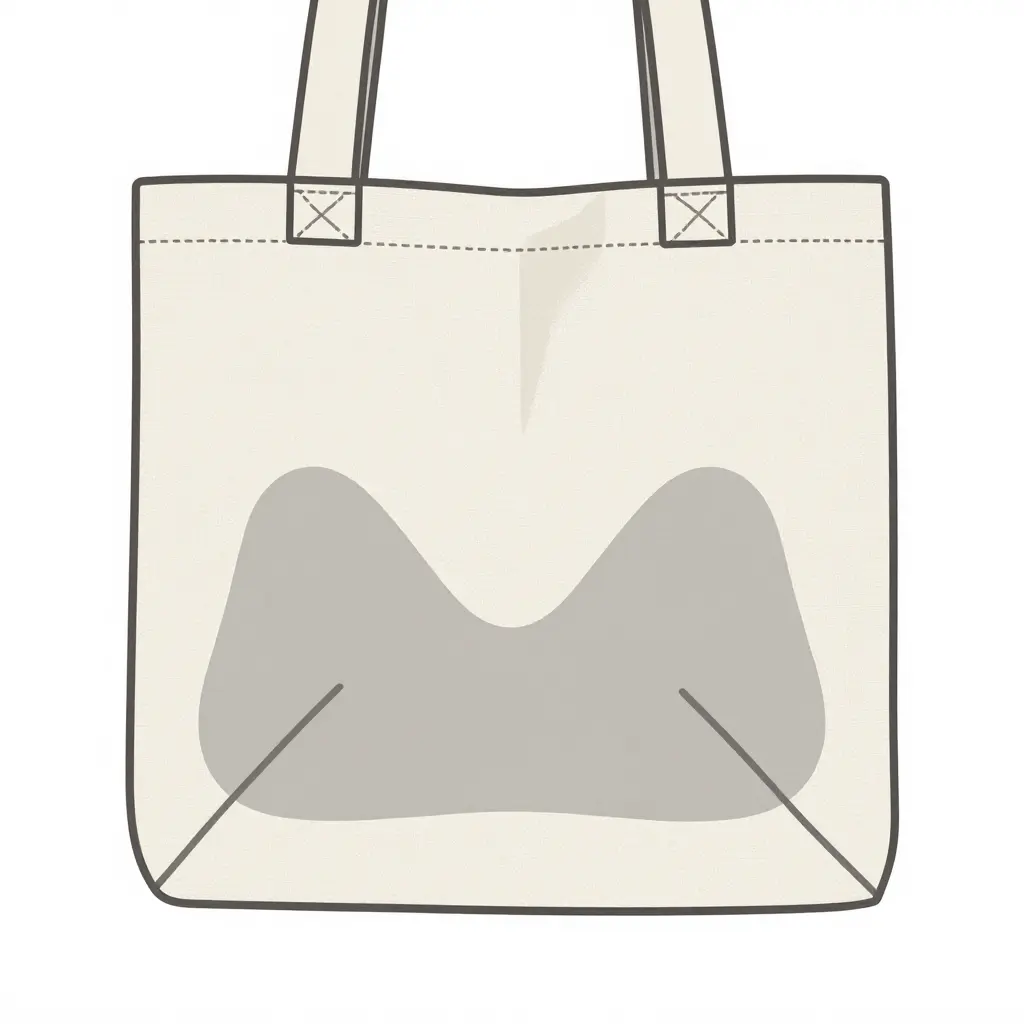 Flat minimalist 2D technical diagram of a canvas tote bag's bottom gusset showing stress concentration zones: two gusset fold creases, corner stitch blocks, and the base seam line, with heavier shading marking higher load concentration