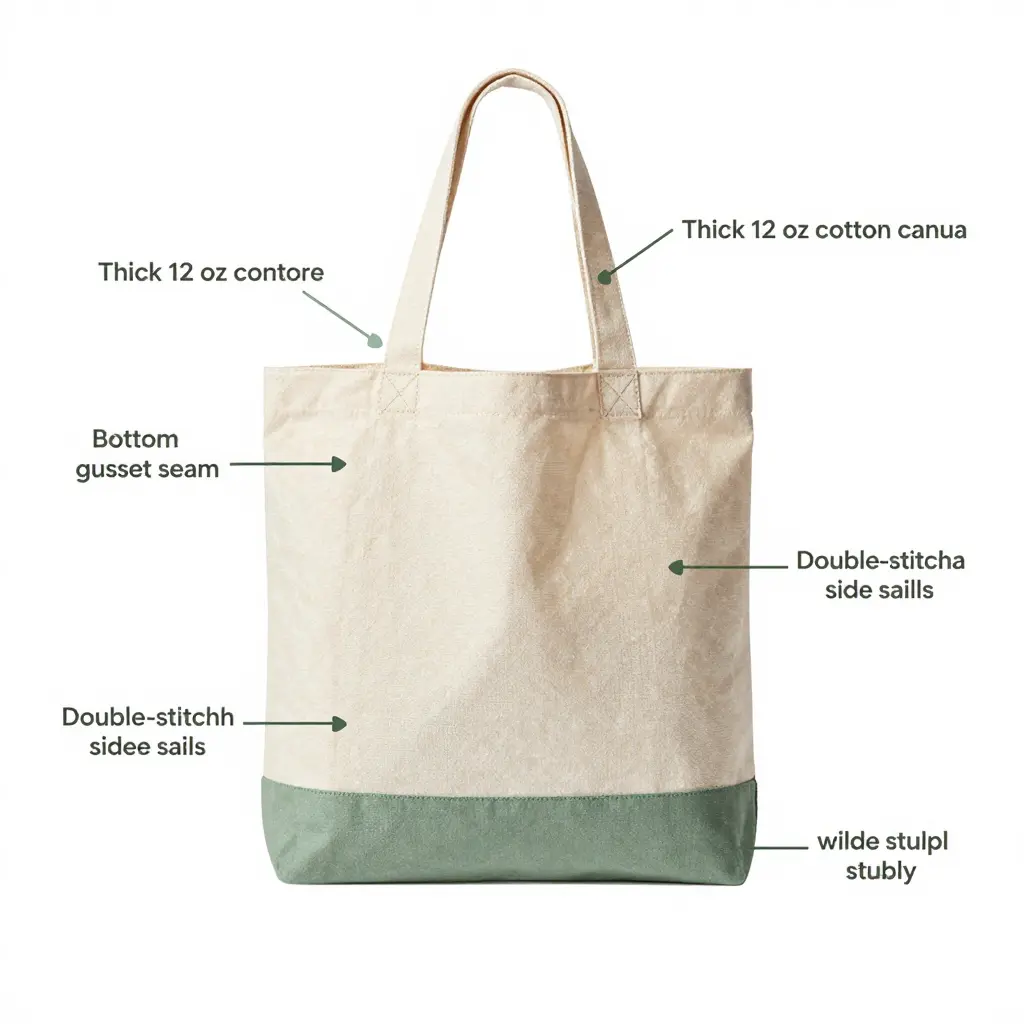 Labeled anatomy of a durable cotton canvas grocery tote, showing fabric weight, gusset depth, double-stitched seams, and a reinforced base.