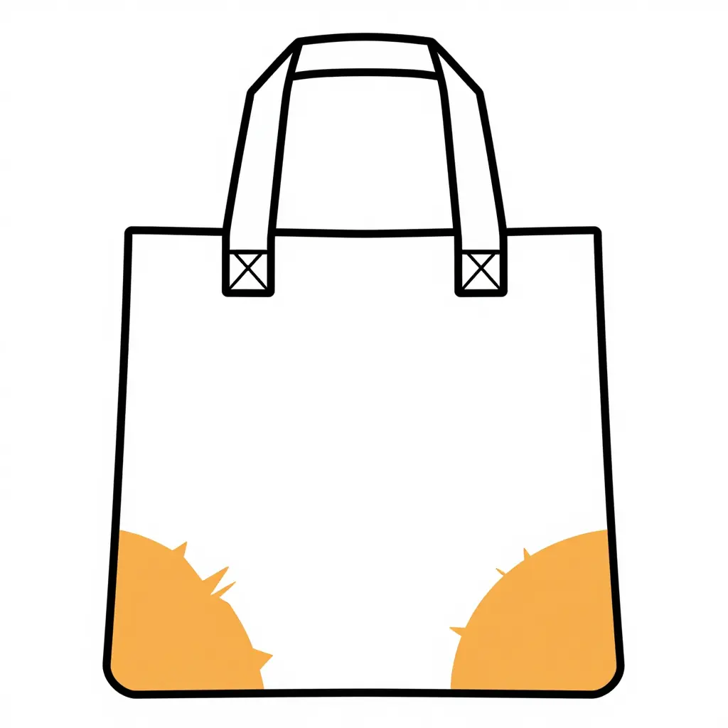 Flat 2D schematic diagram of a tote bag silhouette showing four highlighted wear zones at the bottom corners where corner fray concentrates, drawn in minimal line art with a single accent color on a white background