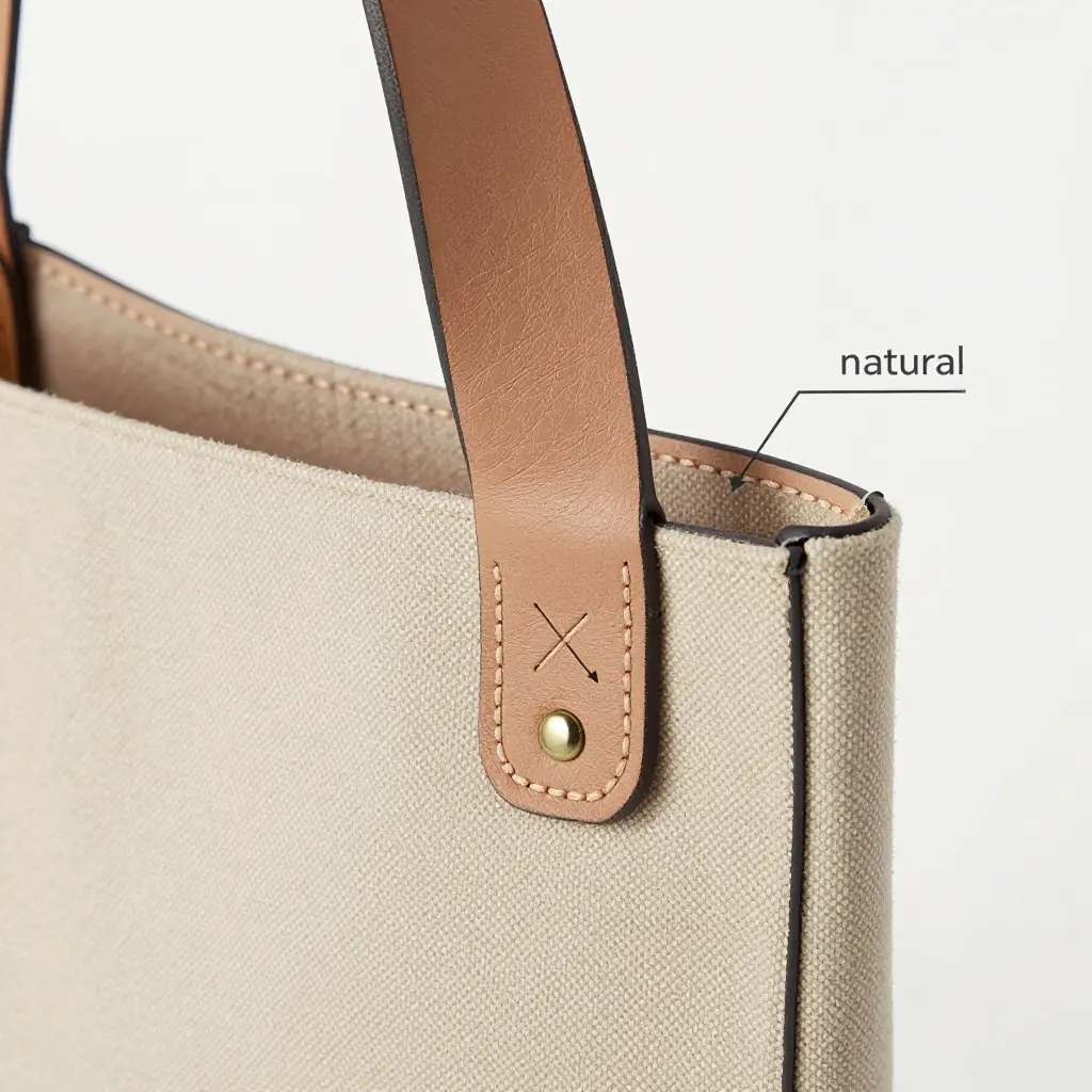 Close-up cutaway of a tote strap-to-body junction showing load-bearing box stitching and topstitching, with callouts for thread abrasion and stitch elongation