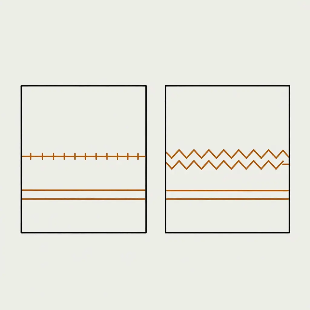 Flat cross-section diagram comparing a single-row straight stitch and a reinforced double-row zigzag stitch at a tote bag strap junction, showing thread paths in amber on a neutral background