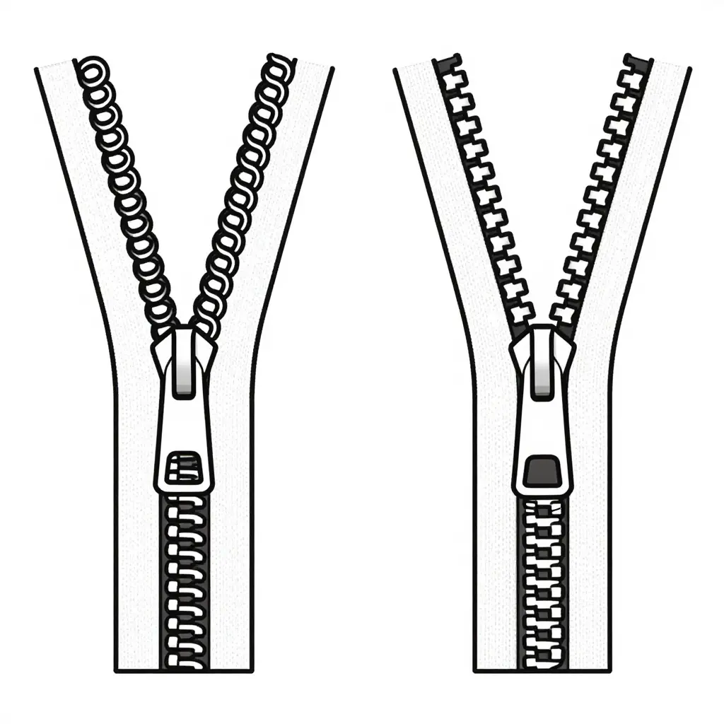Flat 2D schematic comparing the interlocking cross-section of a nylon coil zipper (left, rounded continuous spiral loops) against a metal teeth zipper (right, discrete chunky interlocking teeth), with a trapezoid slider body straddling both tracks
