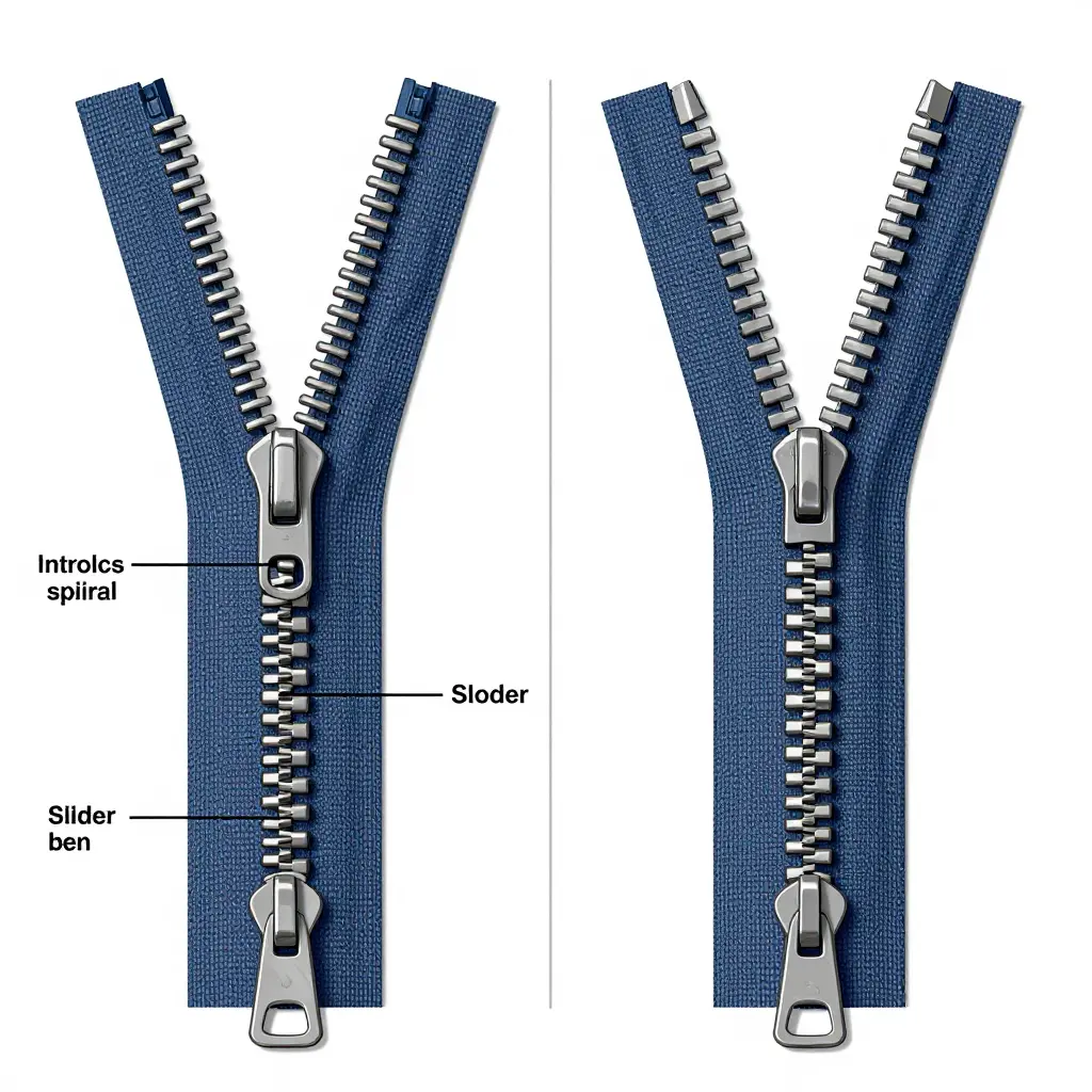 Side-by-side technical cutaway comparing a nylon coil zipper with an interlocking spiral and fabric tape against a metal teeth zipper with die-cast interlocking teeth, showing slider, pull tab, top stop, and bottom stop.